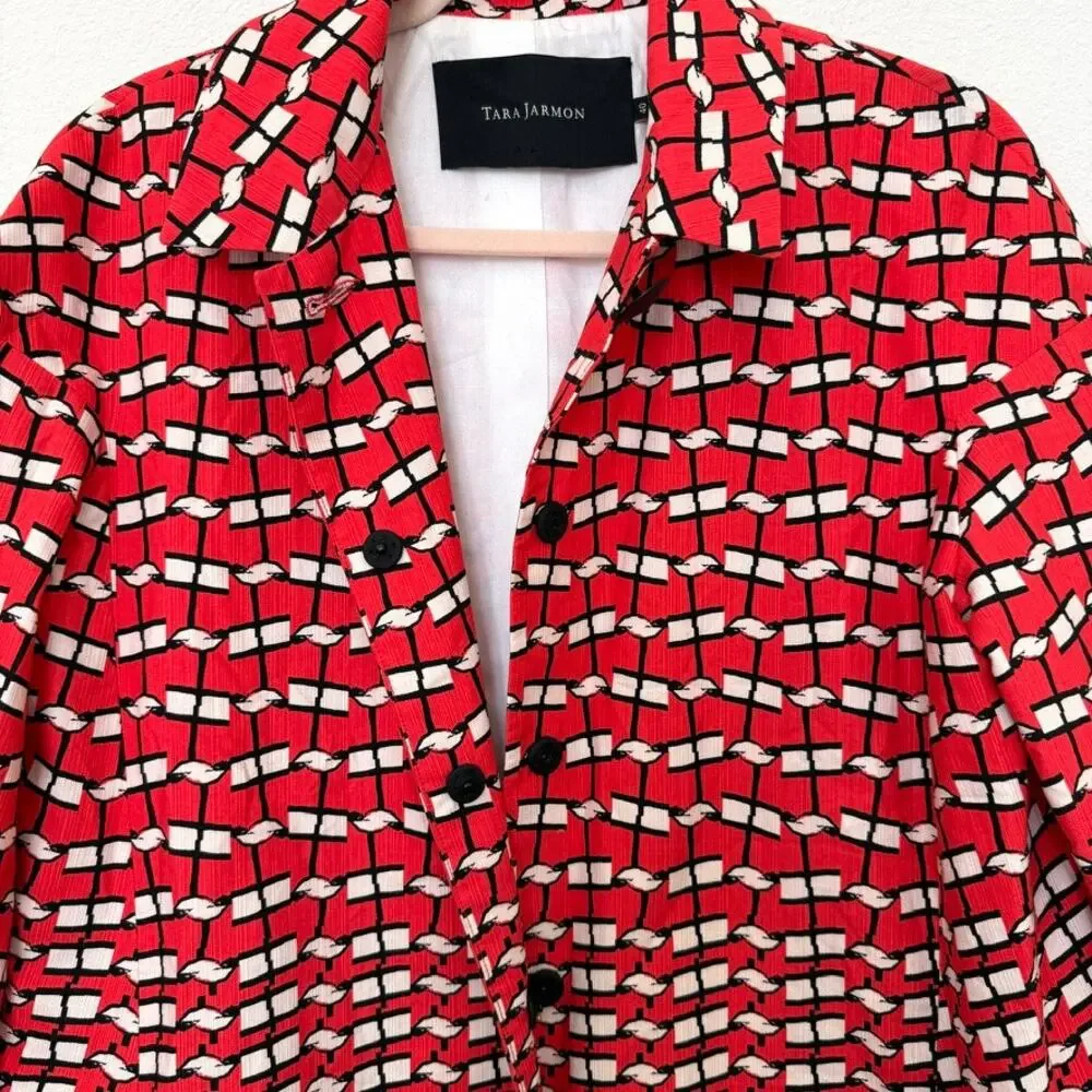 Tara Jarmon Red Graphic Print Statement Coat France Cotton Jacket Sz 40 - Picture 7 of 9